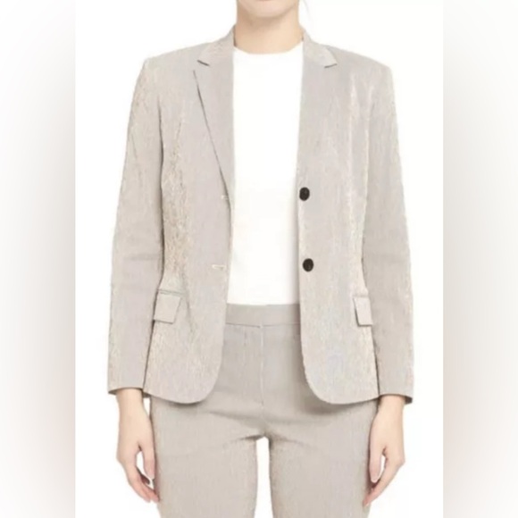 THEORY  Seersucker Beige White Brown Striped Blazer  Jacket Classic Sz 4 New - Picture 1 of 11